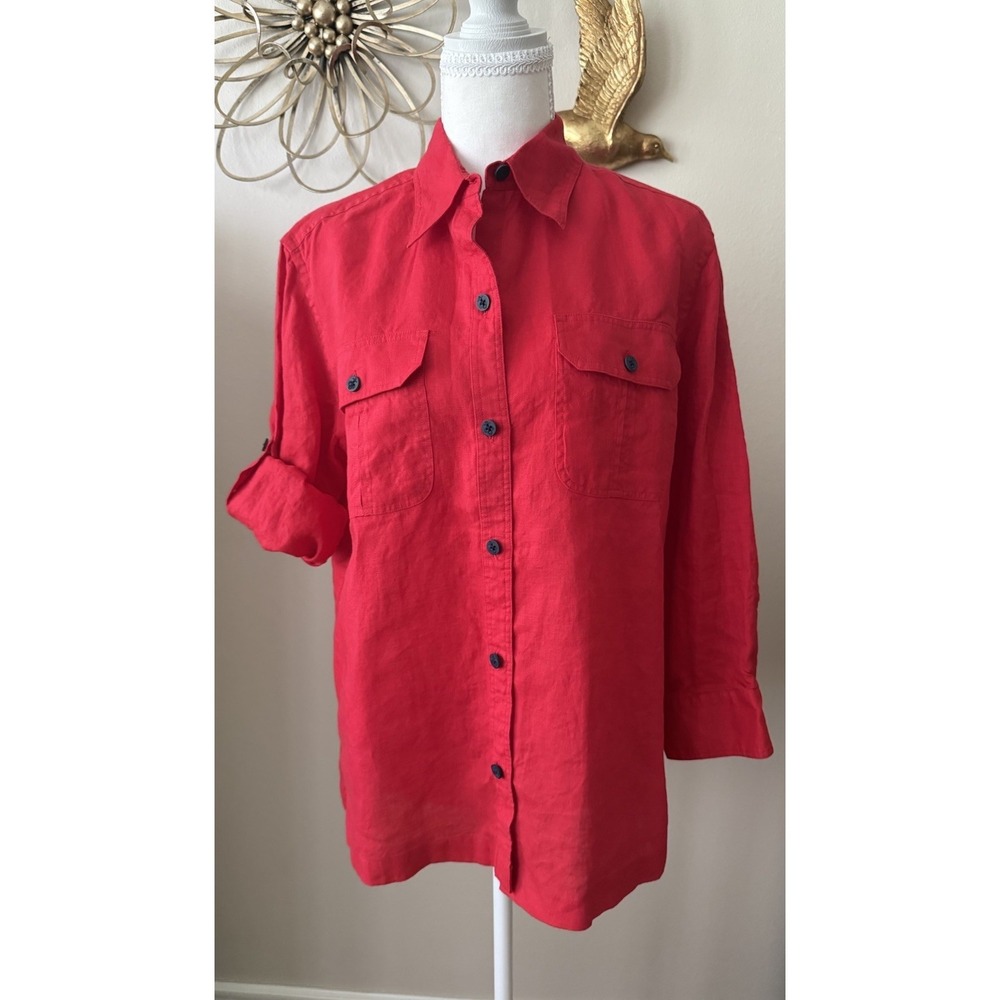 Lauren‎ Ralph Lauren 100% Linen Red Anchor Roll Tab Tunic Shirt Women's L